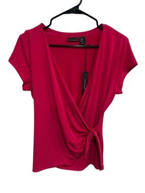 Tahari Red Short Sleeve Wrap Tie Blouse Size Large Lightweight Preppy Chic NWT